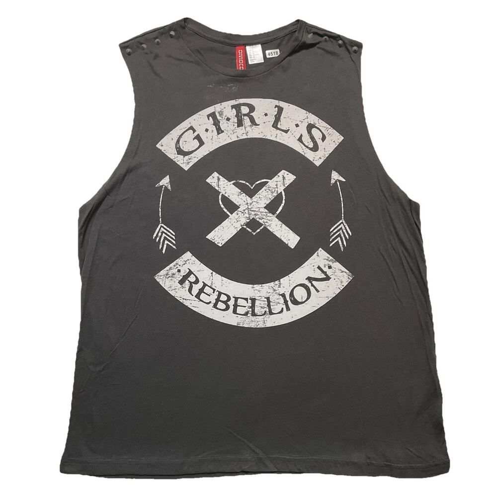 H&M Women Tank Top M Gray Graphic Print Button Crew Neck Pullover Sleeveless NWT